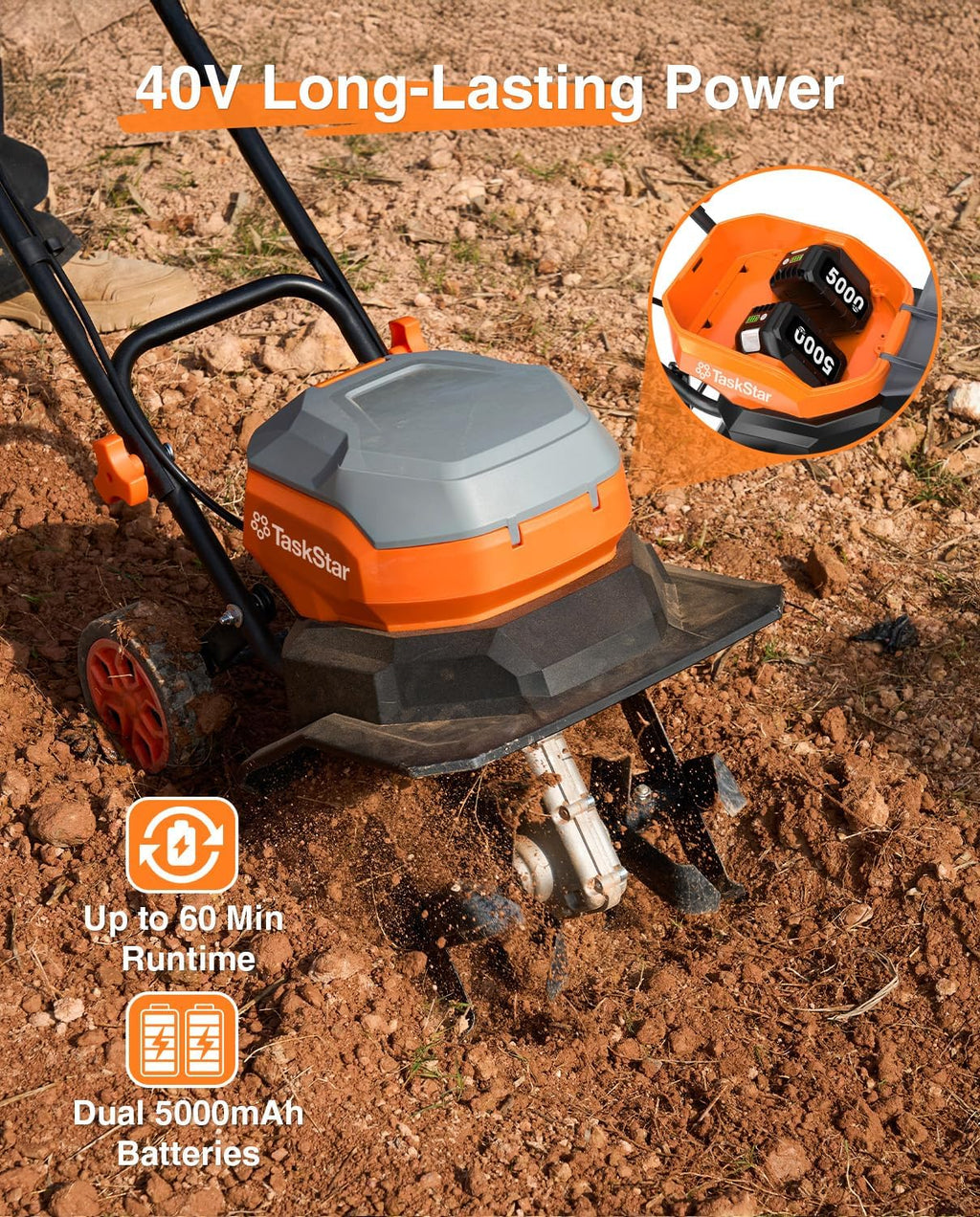 12 Inch Electric Tiller Cultivator, 40V Cordless Tiller for Gardening with 2 * 5.0 Ah Batteries, 8 Inch Depth Rototillers Battery Powered with Adjustable Wheels for Lawn Yard Weeding Soil Cultivation