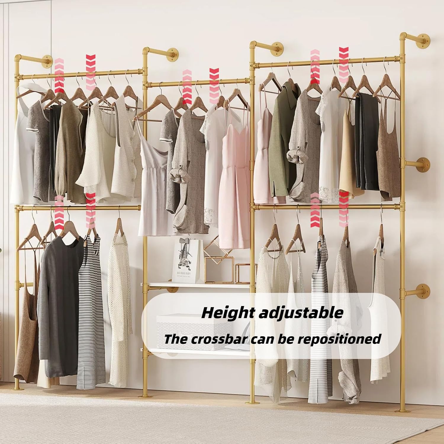 Industrial Pipe Clothes Rack,Wall Mounted Closet Wardrobe Rack, Corner L Shaped Walk-in Closet System, 2 Installation Methods (Gold, 80' H x 86' W)