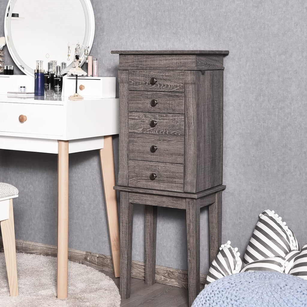 HOMGX 5 Drawers Jewelry Armoire Cabinet, Standing Jewelry Storage Chest with Mirror, 8 Necklace Hooks Wooden Jewelry Organizer, Bedroom Jewelry Furniture with 2 Side Swing Doors, Grey