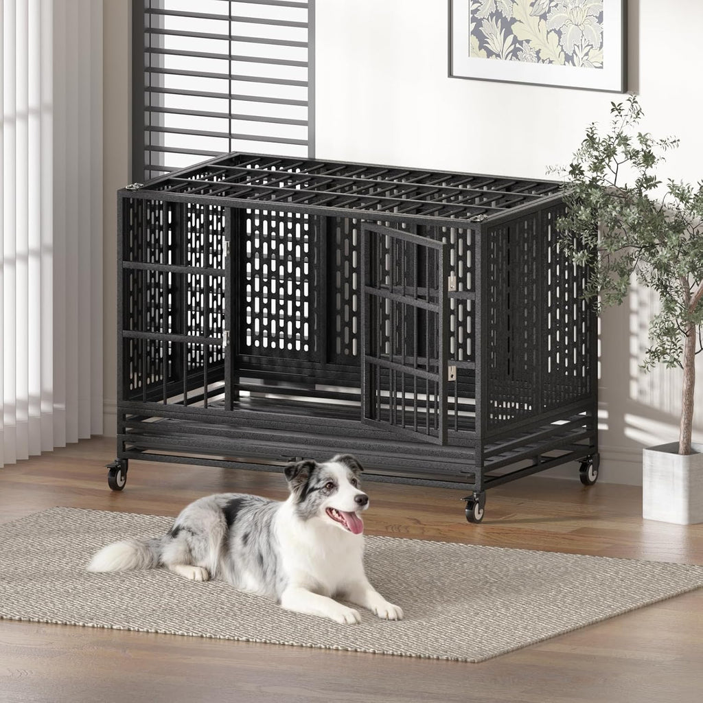 48 Inch Heavy Duty Dog Crate with Wheels,Indestructible Escape-Proof Dog Kennel with Locking Latch and Double Door,Extra Large XL XXL Crate Indoor for Large and Medium Dog with Removable Tray