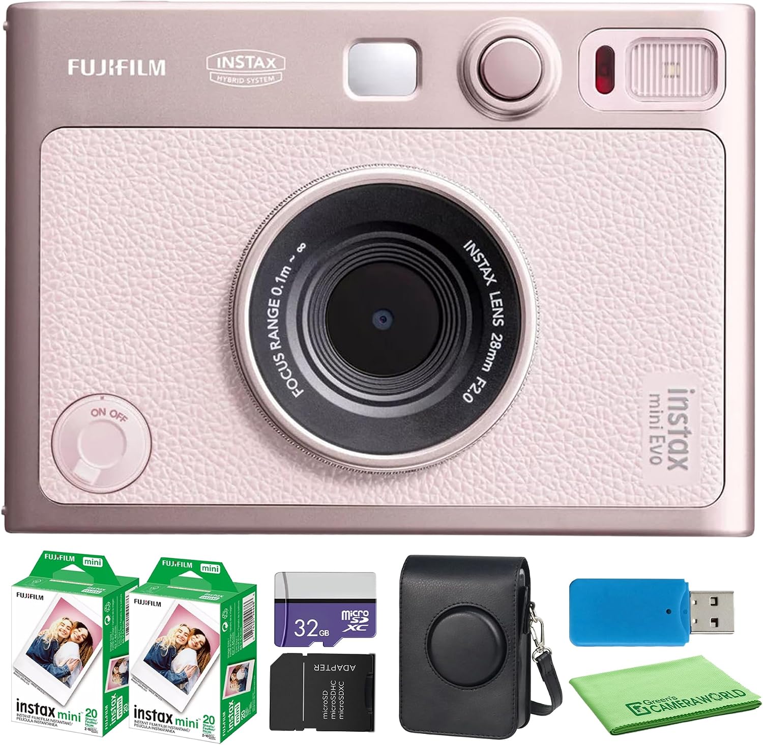 Fujifilm Instax Mini EVO Hybrid Instant Camera (Gentle Rose) + Fuji Instax-Mini Film 40 Exposures + 32GB Memory Card + Custom Mini-Evo Case and Accessory Bundle