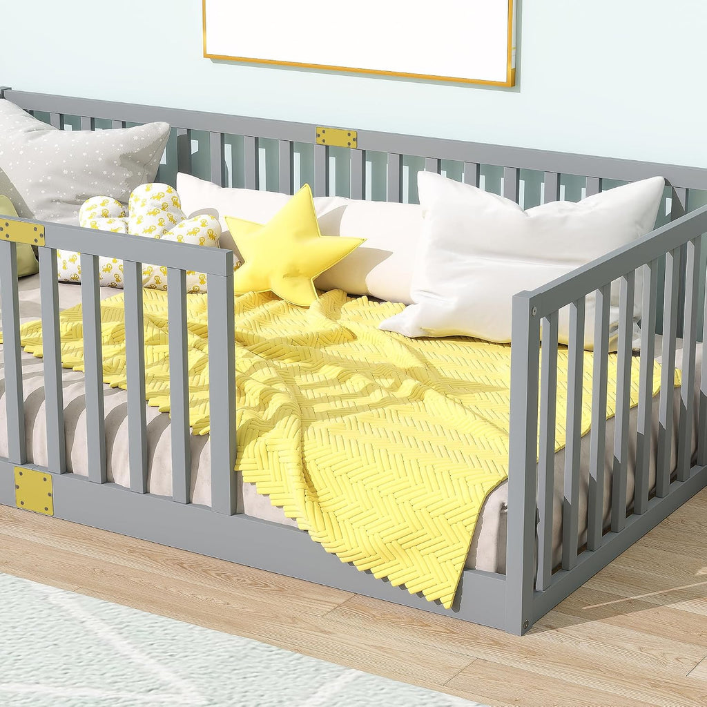 Twin Size Floor Bed with 21.5' High Rails, Solid Rubber Wood Montessori Bed Twin for Boys Girls, Low Profile Kids Beds Frame with 6 Slats, No Box Spring Needeed, Grey