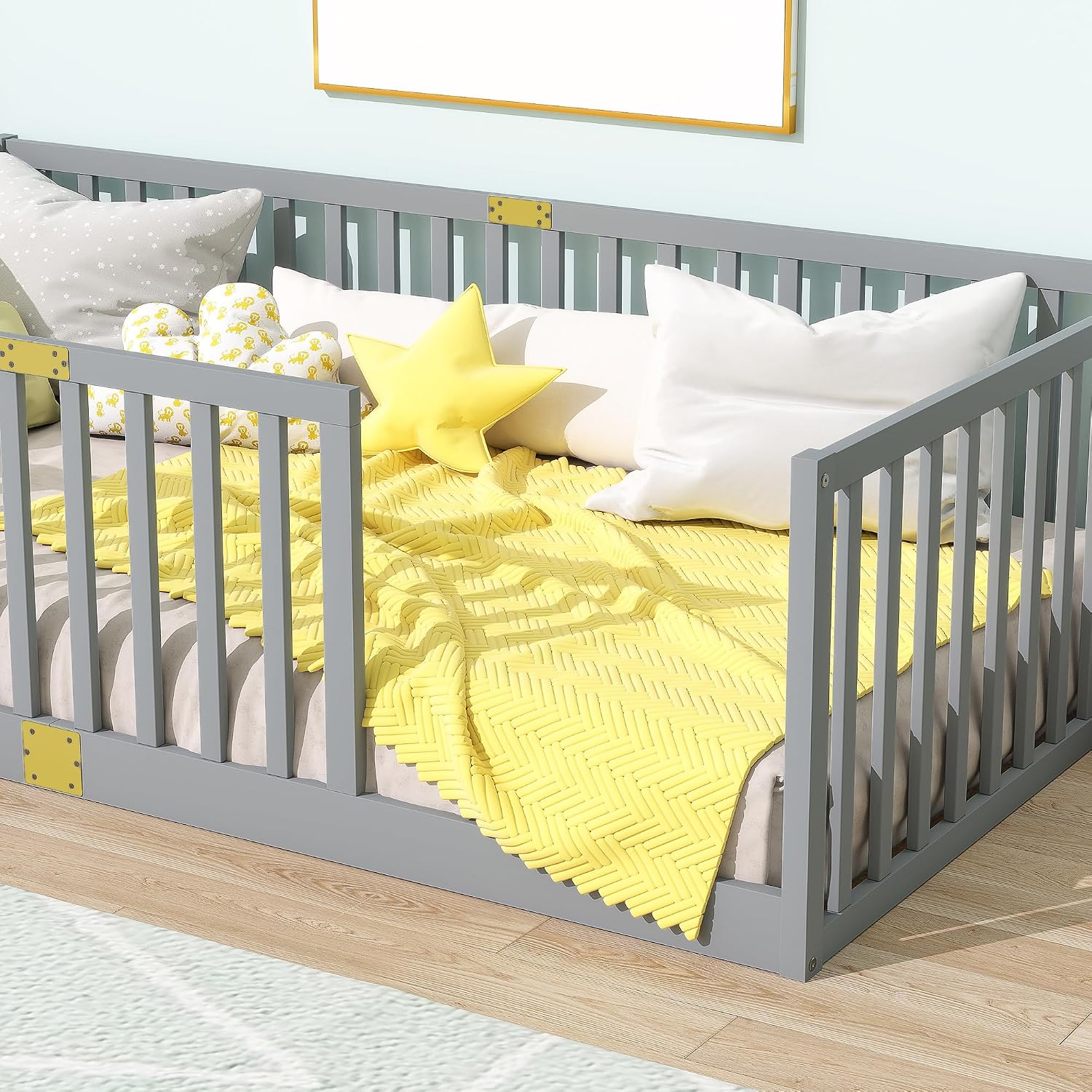 Twin Size Floor Bed with 21.5' High Rails, Solid Rubber Wood Montessori Bed Twin for Boys Girls, Low Profile Kids Beds Frame with 6 Slats, No Box Spring Needeed, Grey