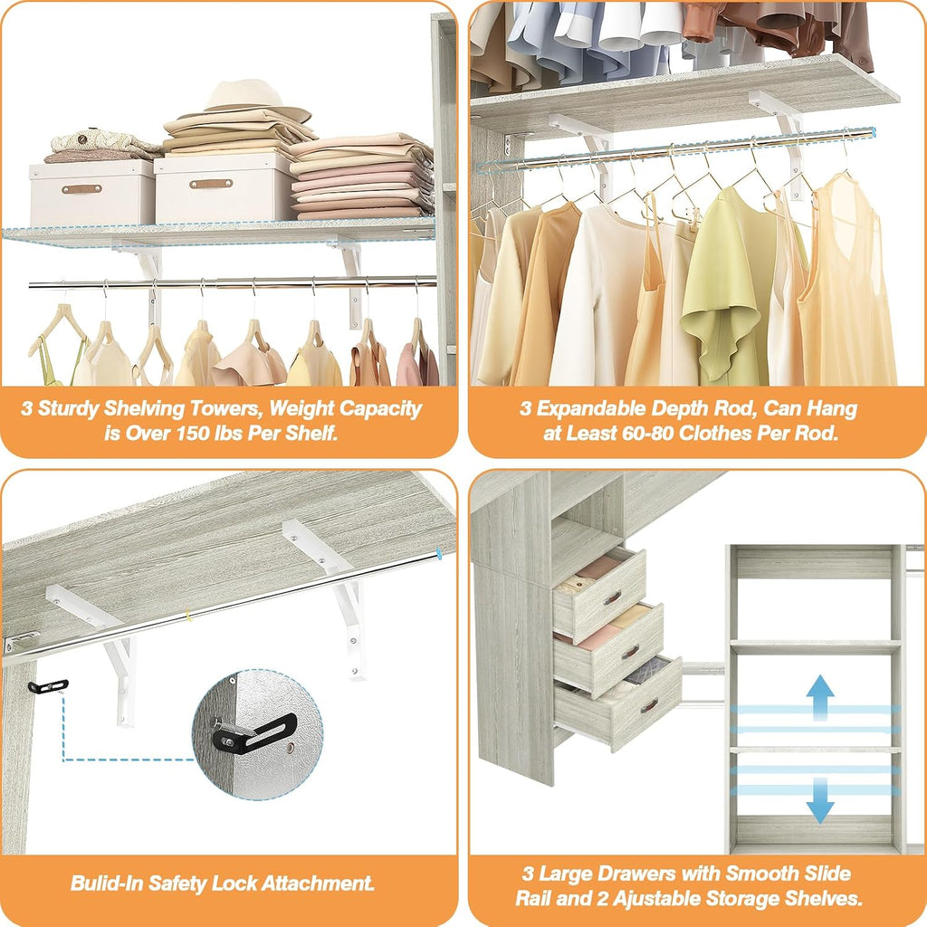 iSunirm 8FT Closet System, 96'' Closet Organizer System with 3 Hanging Rods, Wall Mount Bedroom Wardrobe with 3 Drawers Walk-in Closet, Adjustable Garment Rack from 5 to 8FT(Cut to Fit), White Oak