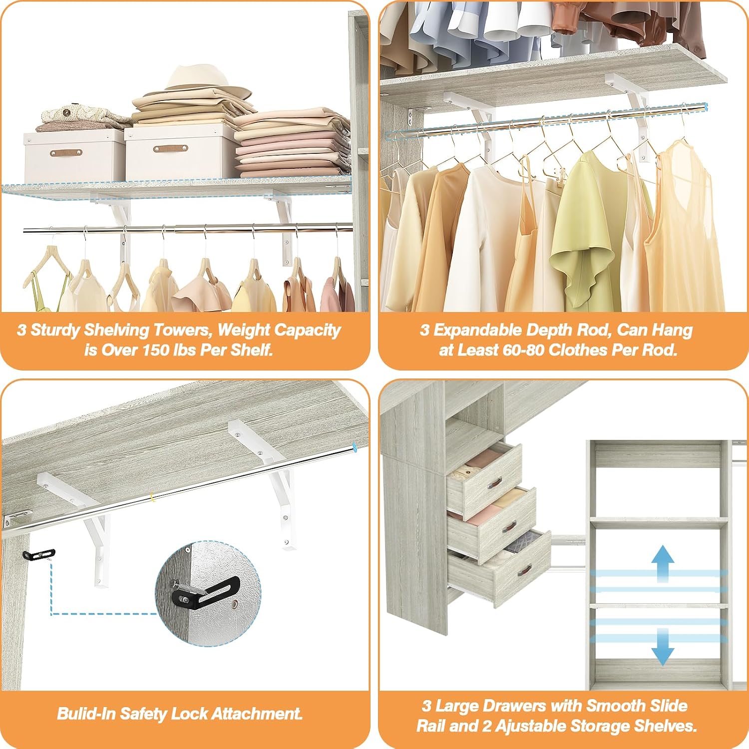 iSunirm 8FT Closet System, 96'' Closet Organizer System with 3 Hanging Rods, Wall Mount Bedroom Wardrobe with 3 Drawers Walk-in Closet, Adjustable Garment Rack from 5 to 8FT(Cut to Fit), White Oak