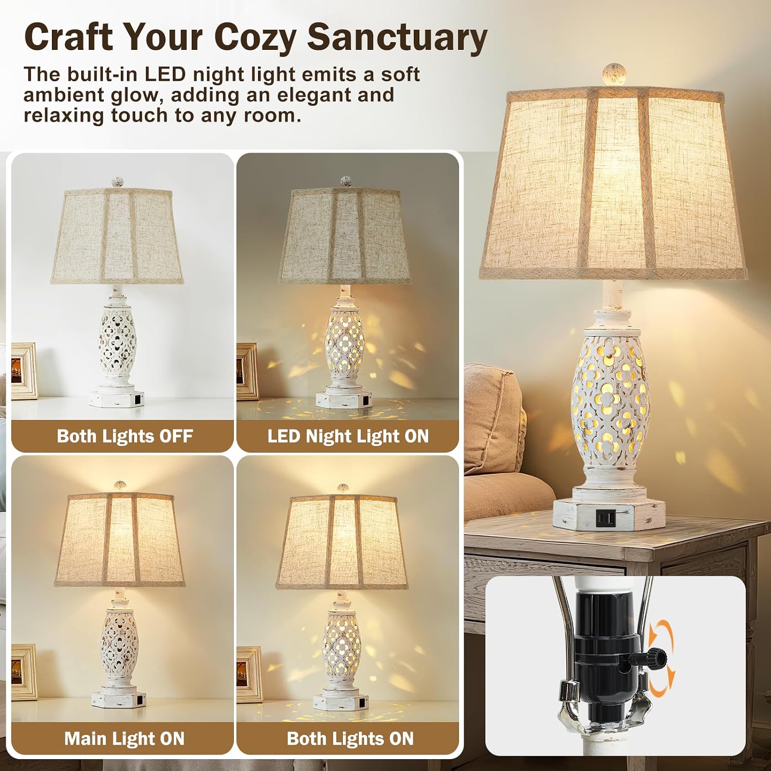 EJIAXIN 2-in-1 Lighting Set - Farmhouse Table Lamps (Set of 2) + 60' Vintage Floor Lamp | USB Charging Nightstand Lamps & 3-Way Dimmable Standing Lamp | Rustic Bedroom/Office, Bulbs Included