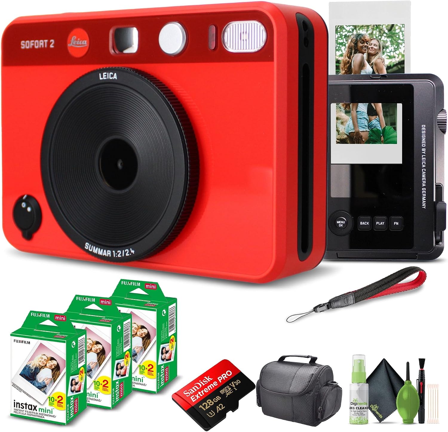 Leica Sofort 2 Hybrid Instant Photo Film and Digital Camera (Red) (19189) with LCD Display Bundle with Fujifilm Instant Film 60 Sheets + 128 GB Memory Card + Bag + Cleaning Kit