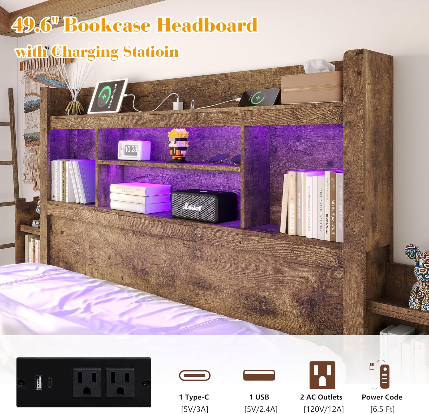 LUXOAK King Bed Frame with 49.6' Bookcase Headboard & 2 Bedside Stoage Racks & 4 Drawers, Farmhouse Wood Bed Frame with RGB LED & Charging Station, No Box Spring Needed, Rustic Brown