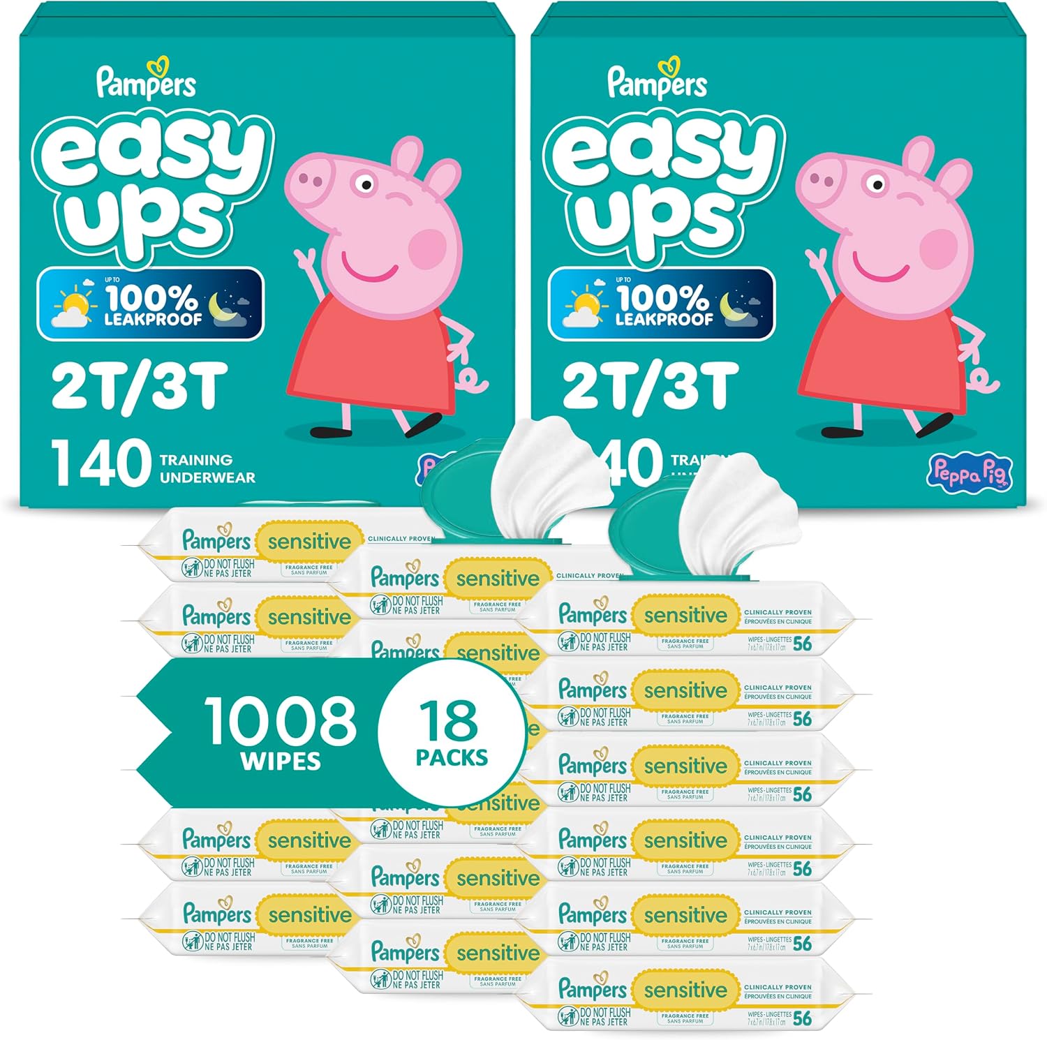 Pampers Easy Ups Pull On Training Underwear Girls, 2T-3T, 2 Month Supply (2 x 140 Count) with Sensitive Water Based Baby Wipes 12X Multi Pack Pop-Top and Refill (1008 Count)