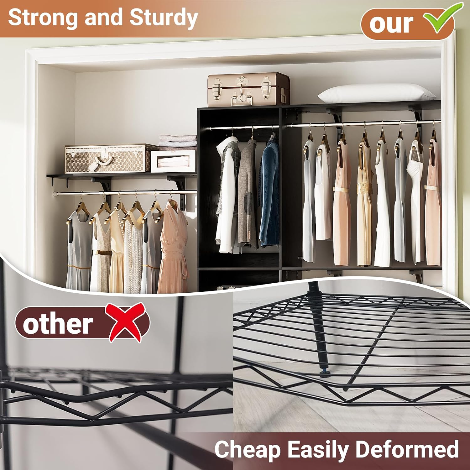 Besiost 8FT Hanging Closet System, 96 Inch Closet Organizer System with Hanging Rod, Walk In Mounted Closet System, Built-In Clothes Garment Rack with 3 Shelving Towers(Can Be Cut To Fit), Black