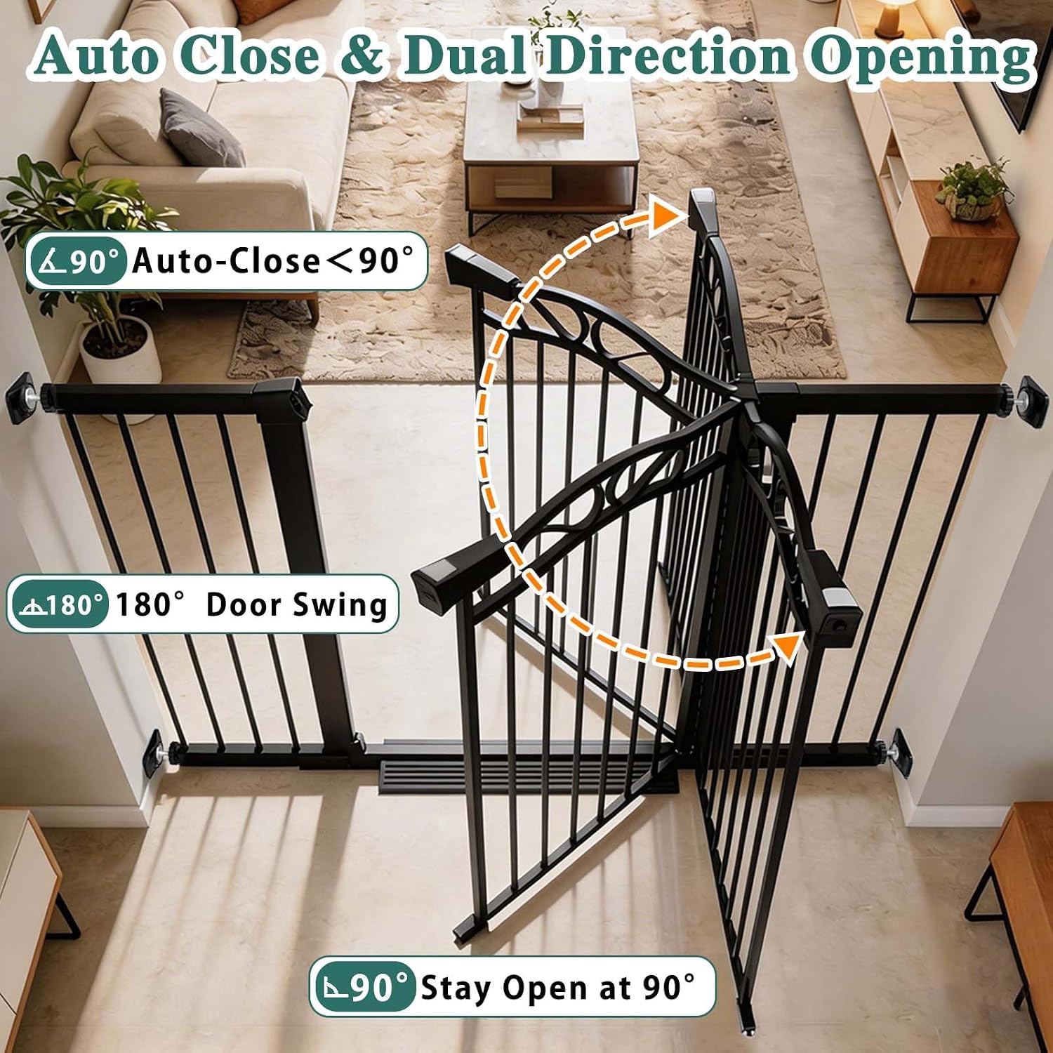 Fairy Baby 48.9'-51.5' Extra Wide Baby Gate with Door, 49 50 51 Inches Walk THR Baby Gates for Stairs Pressure Mounted no Drill, Indoor Tension Metal Pet Dog Gate, Auto Close Safety Gate, Black