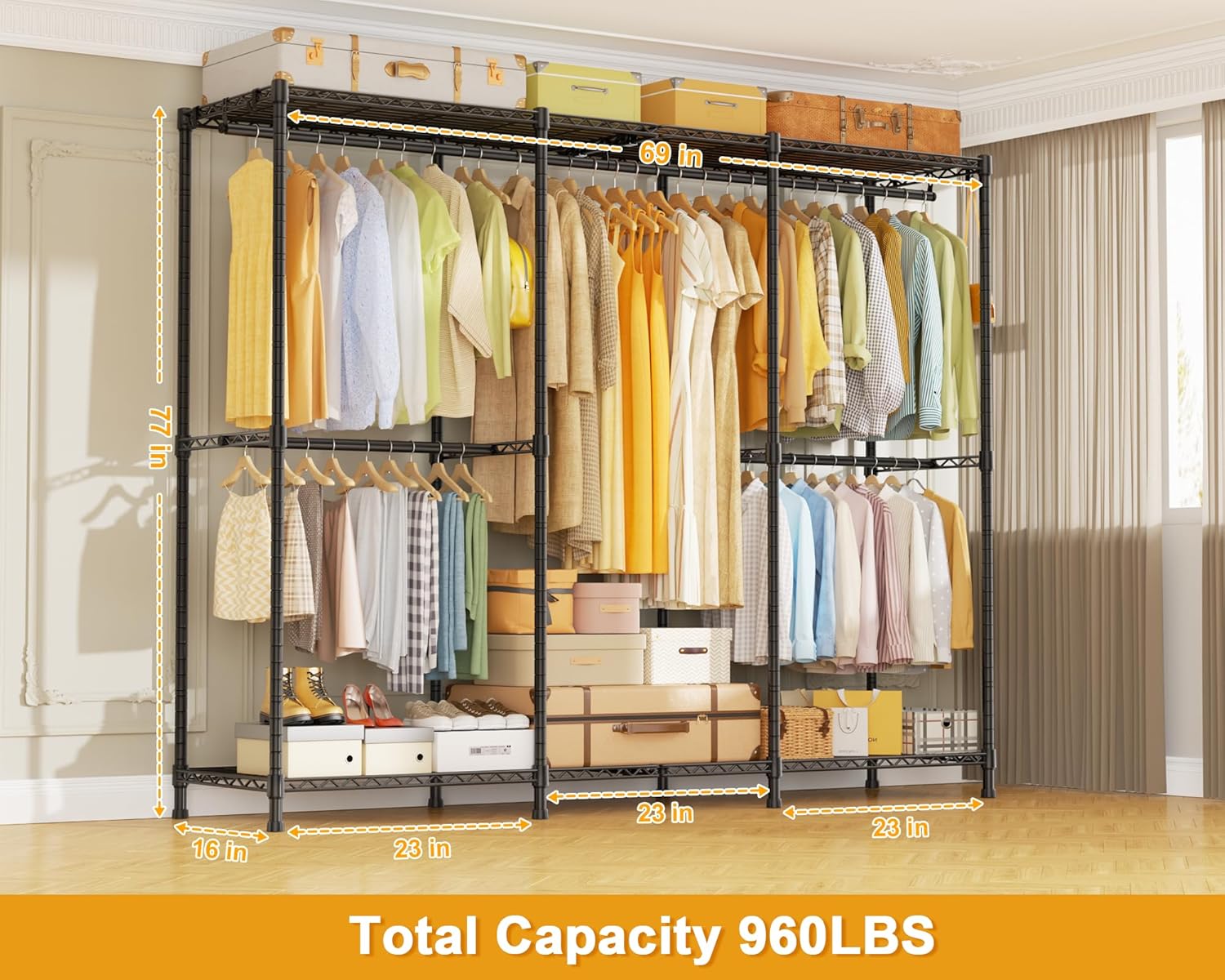 ULIFHOME E14 Pro Heavy Duty Clothes Rack，Freestanding Clothing Racks for Hanging Clothes，Adjustable Closet Organizers and Storage，Metal Garment Rack with Shelves 69'W x16'D x77'H，Max Load 960LBS，Black