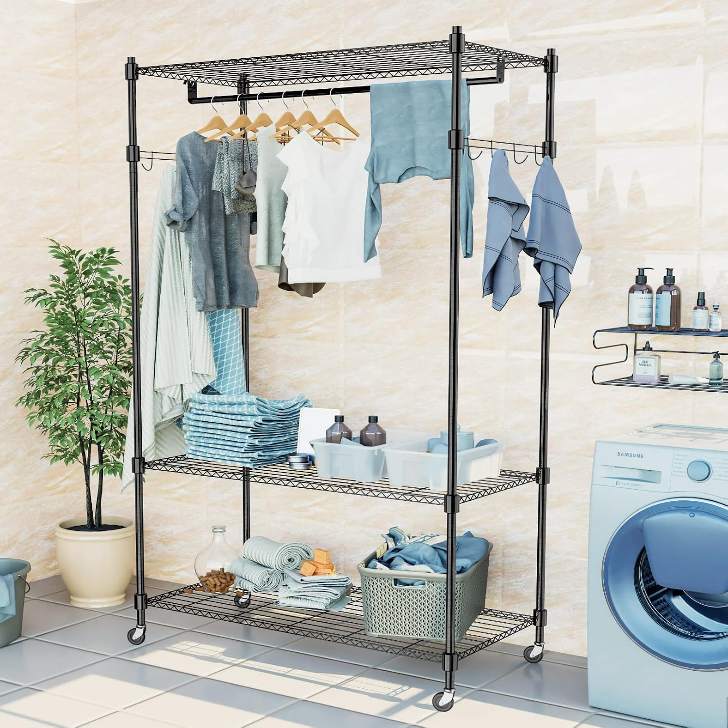 Himimi 3 Tier Heavy Duty Garment Rack with Wheels, Adjustable Wire Shelving Clothes Rack with Hanging Rod, 4 Side Hooks - Freestanding Metal Wardrobe Storage Rack, Grey