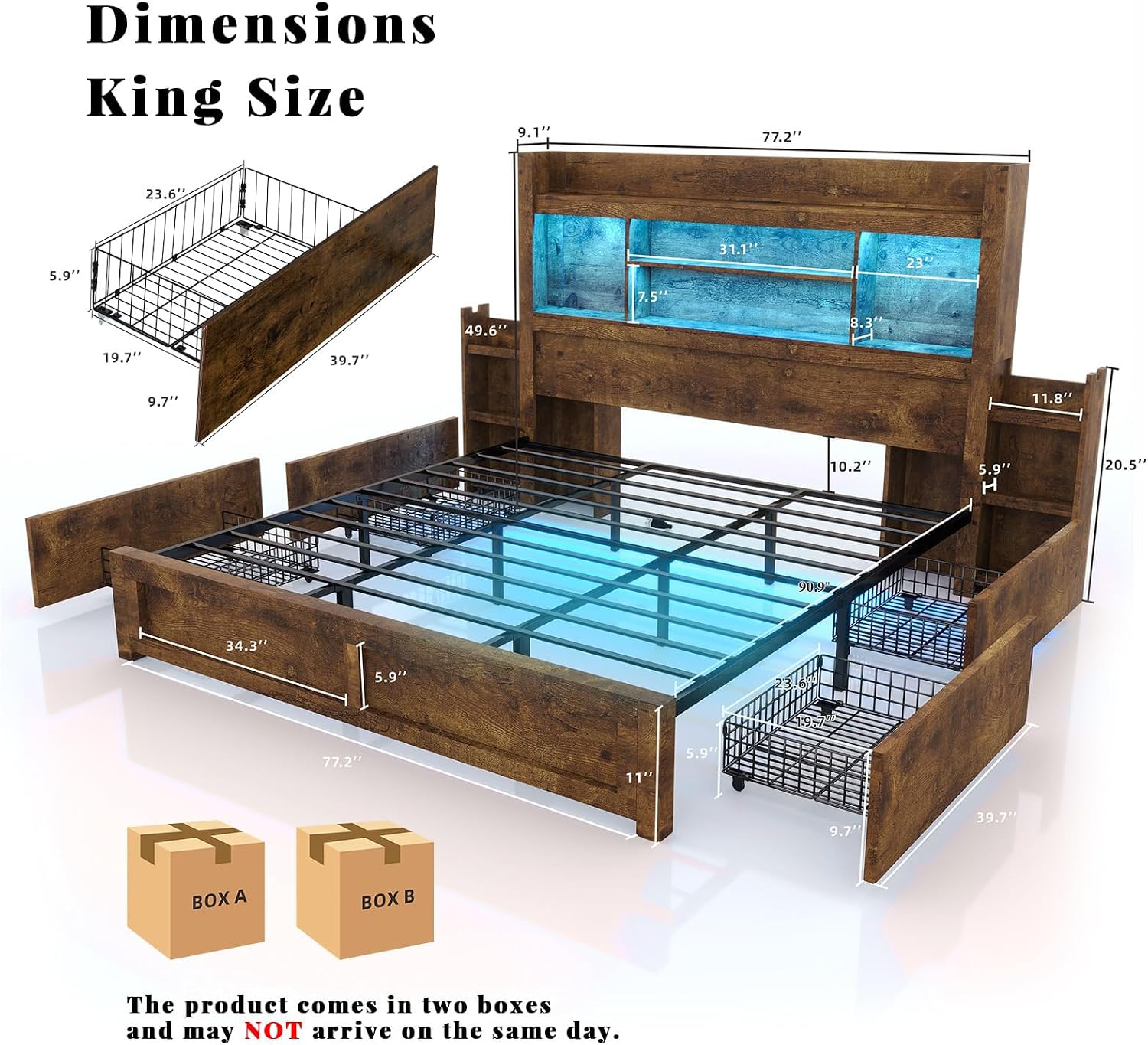 LUXOAK King Bed Frame with 49.6' Bookcase Headboard & 2 Bedside Stoage Racks & 4 Drawers, Farmhouse Wood Bed Frame with RGB LED & Charging Station, No Box Spring Needed, Rustic Brown