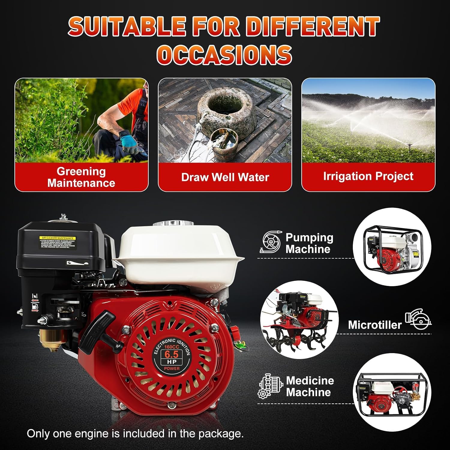 4-Stroke Gas Engine, Multi-Use Engine Gas Powered, Portable Gas Engine Motor with Air Cooling Pull Start, Home Back Up, Industrial Grade Outdoor Power Equipment, 160cc, 6.5HP (4-Stroke 6.5HP Red)