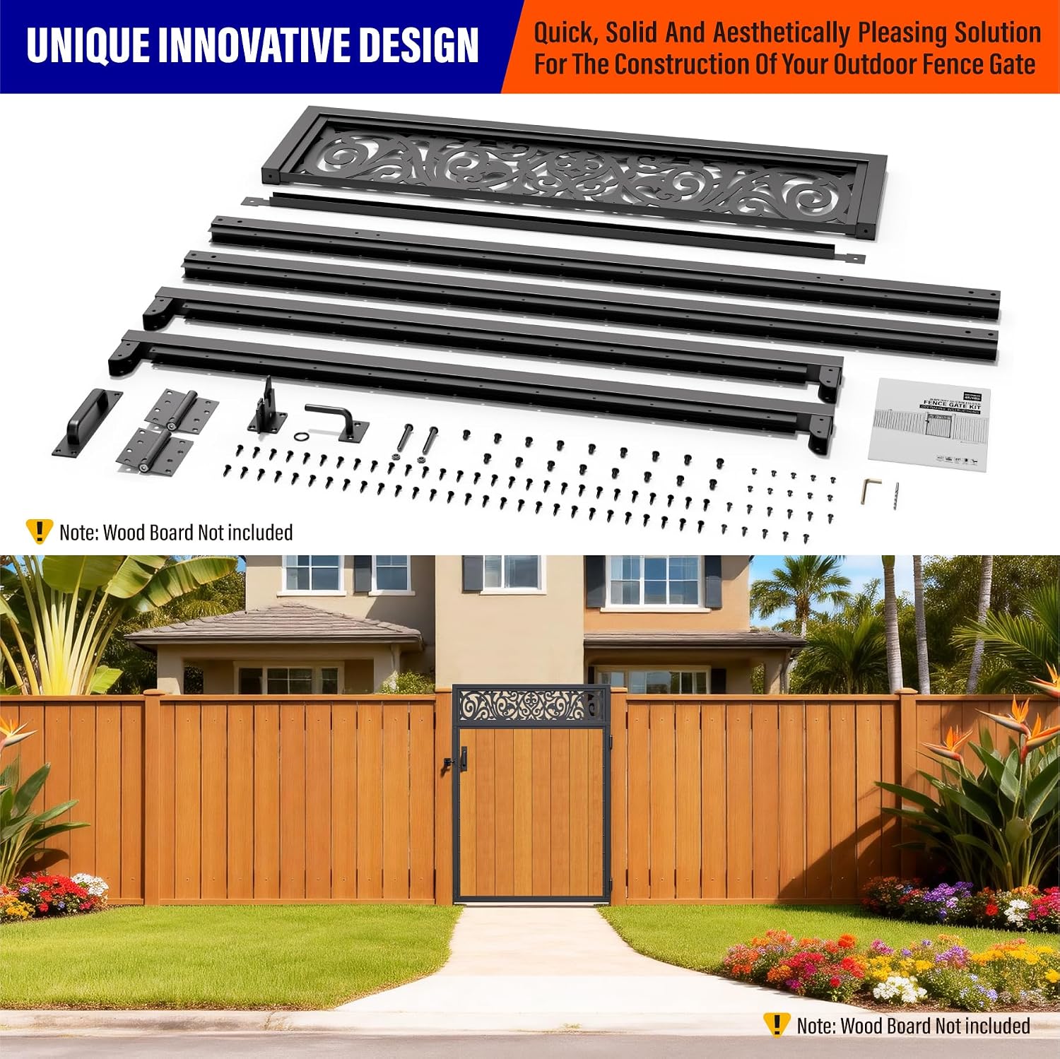 4x6FT (46.78'W X 70.8'H) 201 Stainless Steel Anti Sag Wooden Fence Gate Kit Heavy Duty Garden Gate Frame Hardware Kit Reinforcement (Left/Right Free-Installation)