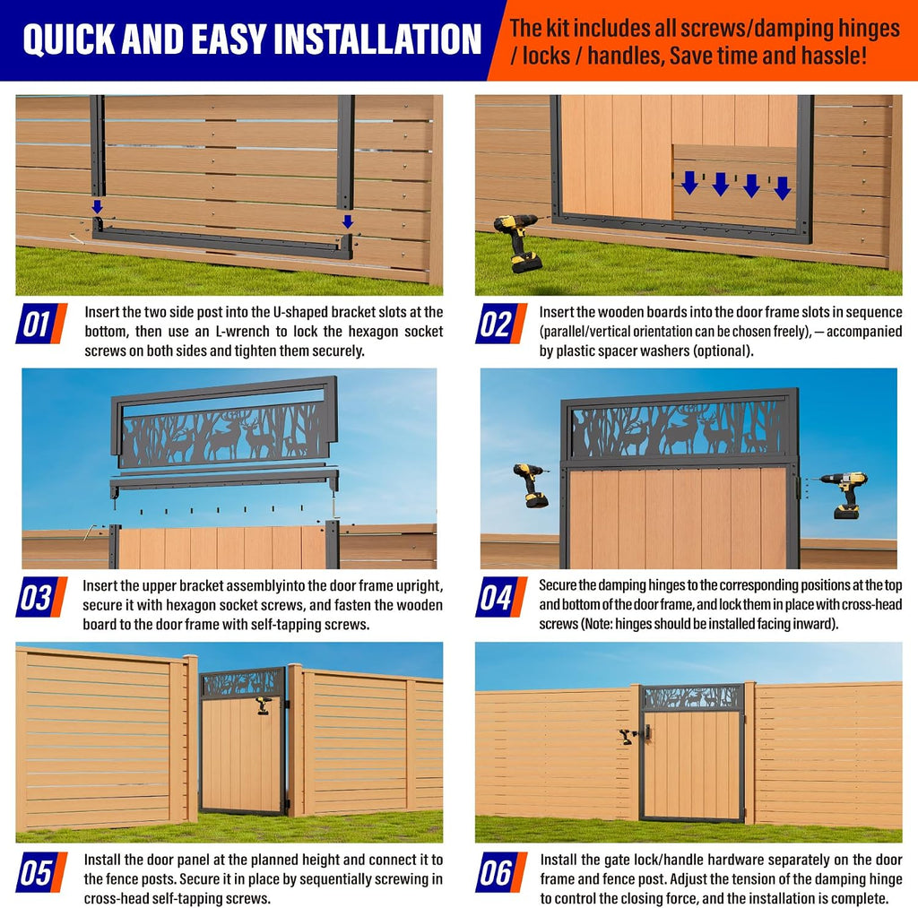 4x6FT (46.78'W X 70.8'H) 201 Stainless Steel Anti Sag Wooden Fence Gate Kit Heavy Duty Garden Gate Frame Hardware Kit Reinforcement (Left/Right Free-Installation)