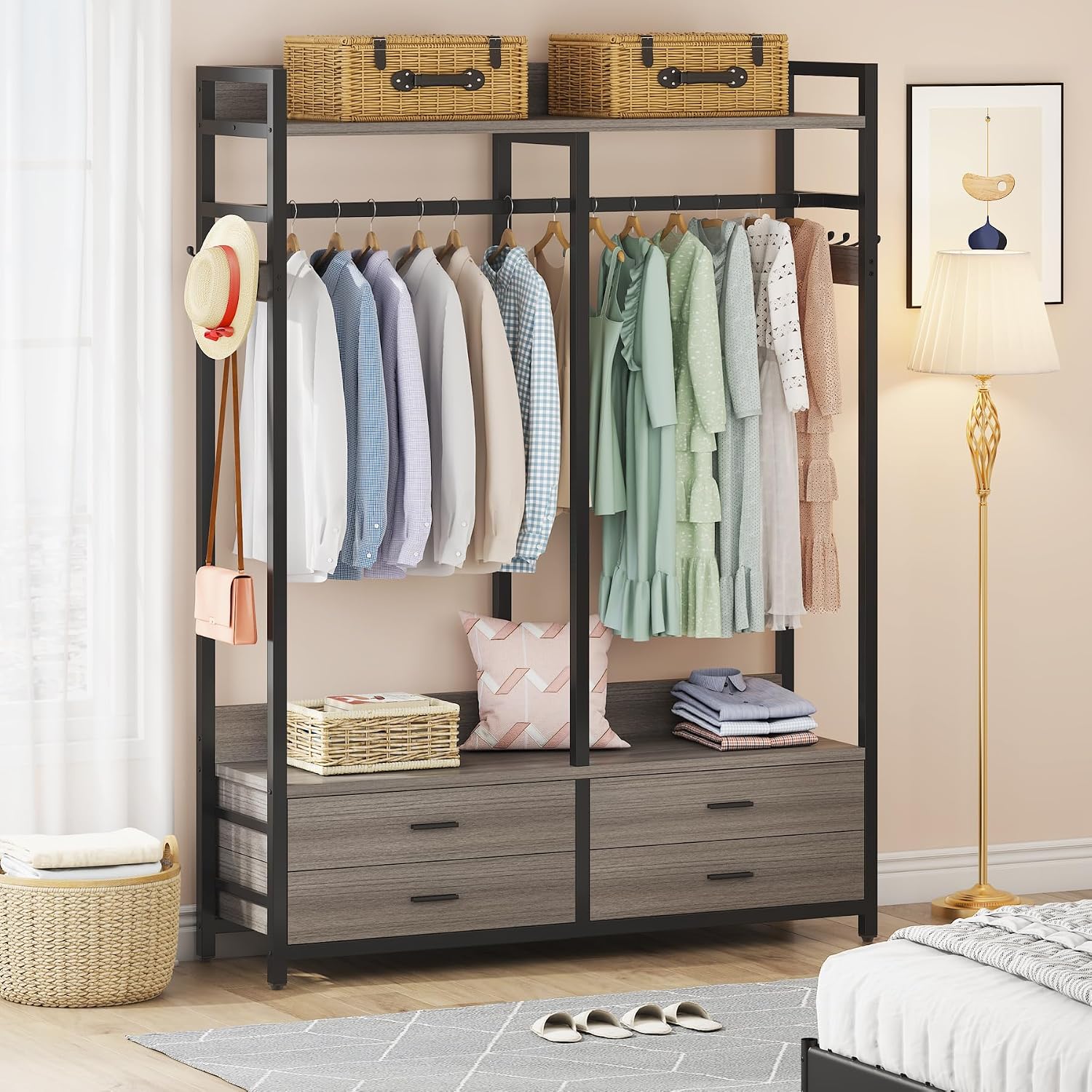 Tribesigns Freestanding Closet Organizer for Hanging Clothes, Heavy Duty Garment Rack with 4 Drawers, 8 Hooks and Storage Shelves, Wardrobe Closet Clothing Rack for Bedroom, Living Room, Grey
