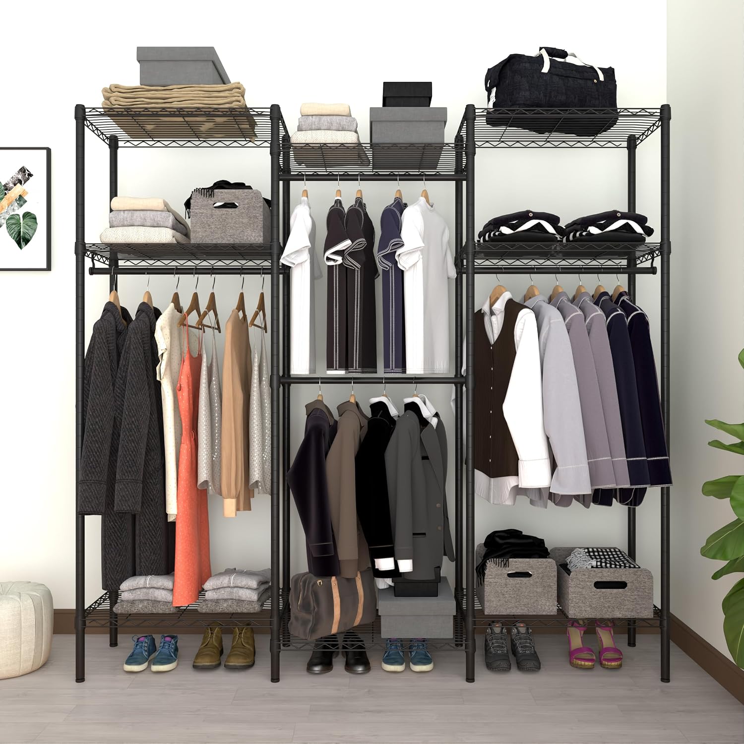 Heavy Duty Clothes Rack,Freestanding Clothing Shelf,Metal Garment Rack,Adjustable Custom Closet Shelf, 75' L x 13.8' W x 75.2' H, Max Load 800LBS, Large(Black)