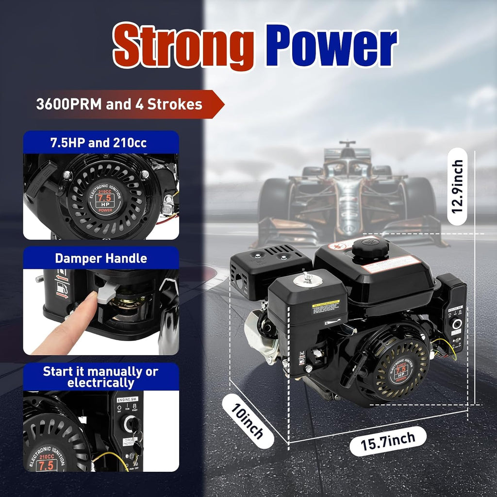 210cc 7.5Hp Gas Engine,4-Stroke Gas Motor Electric Start Go Kart Gas Engine Industrial Grade OHV Gasoline Engine for Compressor Scarifier Lawn Mower (4Stroke 7.5Hp Black)