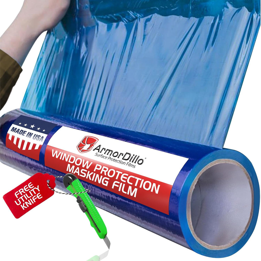 ArmorDillo Blue Window Protection Film 21' x 600', 54.22/roll (4 Rolls-1 Case) - Surface Protection | Temporary Self-Adhesive Glass Covering, Window Masking, 45-Day UV Resistant, Construction Wrap