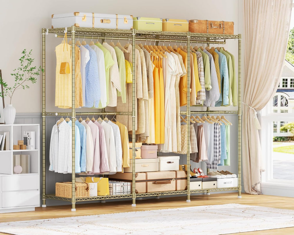 ULIFHOME E14 Pro Heavy Duty Clothes Rack，Freestanding Clothing Racks for Hanging Clothes，Adjustable Closet Organizers and Storage，Metal Garment Rack with Shelves 69'W x16'D x77'H，Max Load 960LBS，Gold