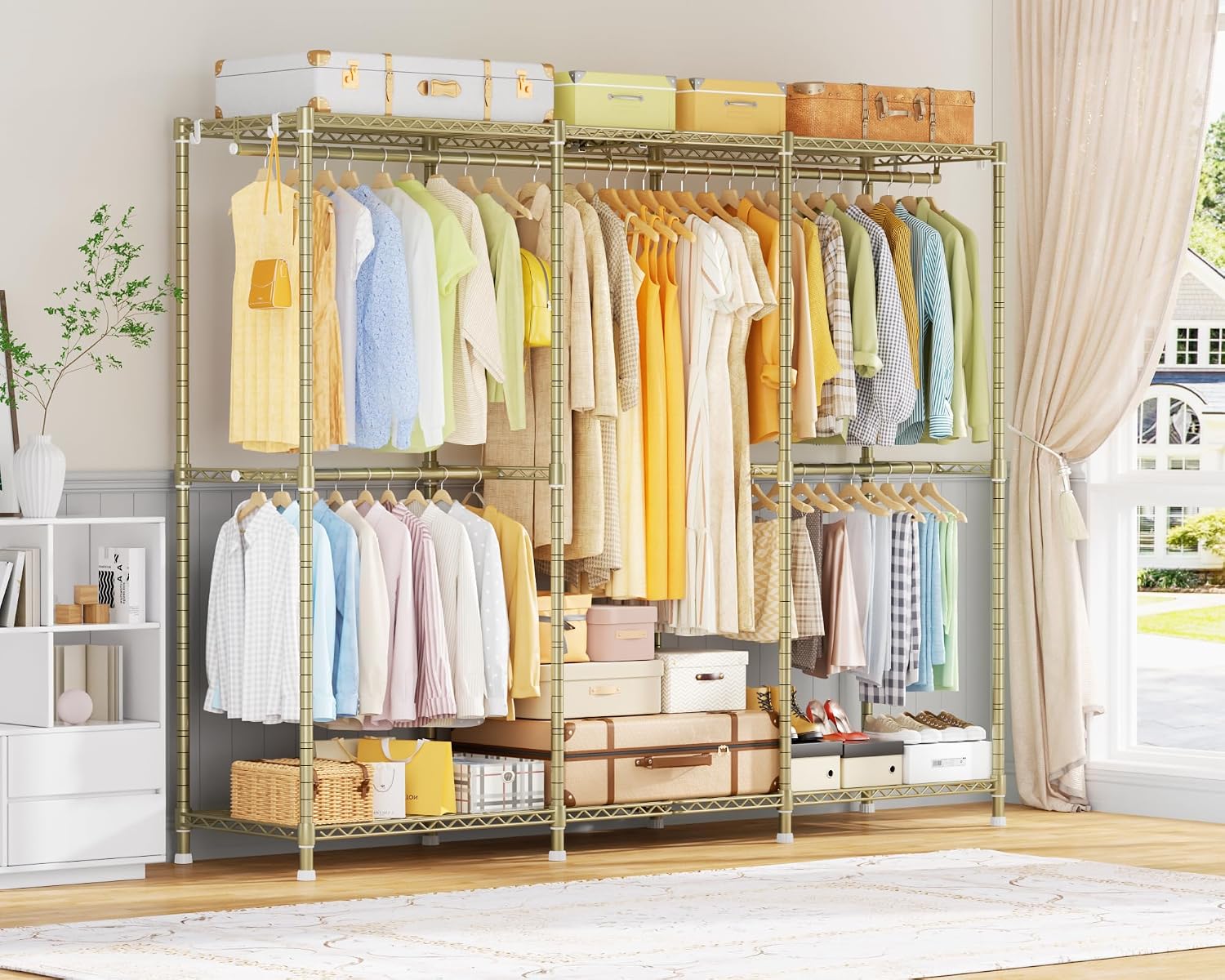 ULIFHOME E14 Pro Heavy Duty Clothes Rack，Freestanding Clothing Racks for Hanging Clothes，Adjustable Closet Organizers and Storage，Metal Garment Rack with Shelves 69'W x16'D x77'H，Max Load 960LBS，Gold