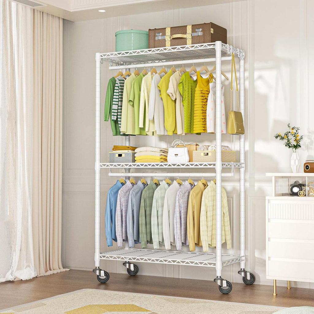 FUTASSI P3 & P6 Mini Rolling Clothes Rack White Bundle, Clothing Racks for Hanging Clothes, Freestanding Garment Rack with Wheels