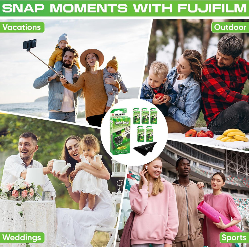 Fujifilm Quicksnap Flash Disposable Camera 400 Iso, 6 Pack, 35mm Camera, 27 Exp, Balveli Coth, Fuji Film Disposable Bulk, 6 Pack of Fuji Disposable Cameras.