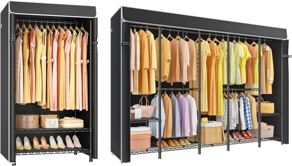 LIFHOME H5C & H50C Clothes Rack with Cover, Portable Closet for Hanging Clothes, Covered Clothing Racks Heavy Duty, Freestanding Garment Racks with Shelves, Black Closet Rack with Black Cover