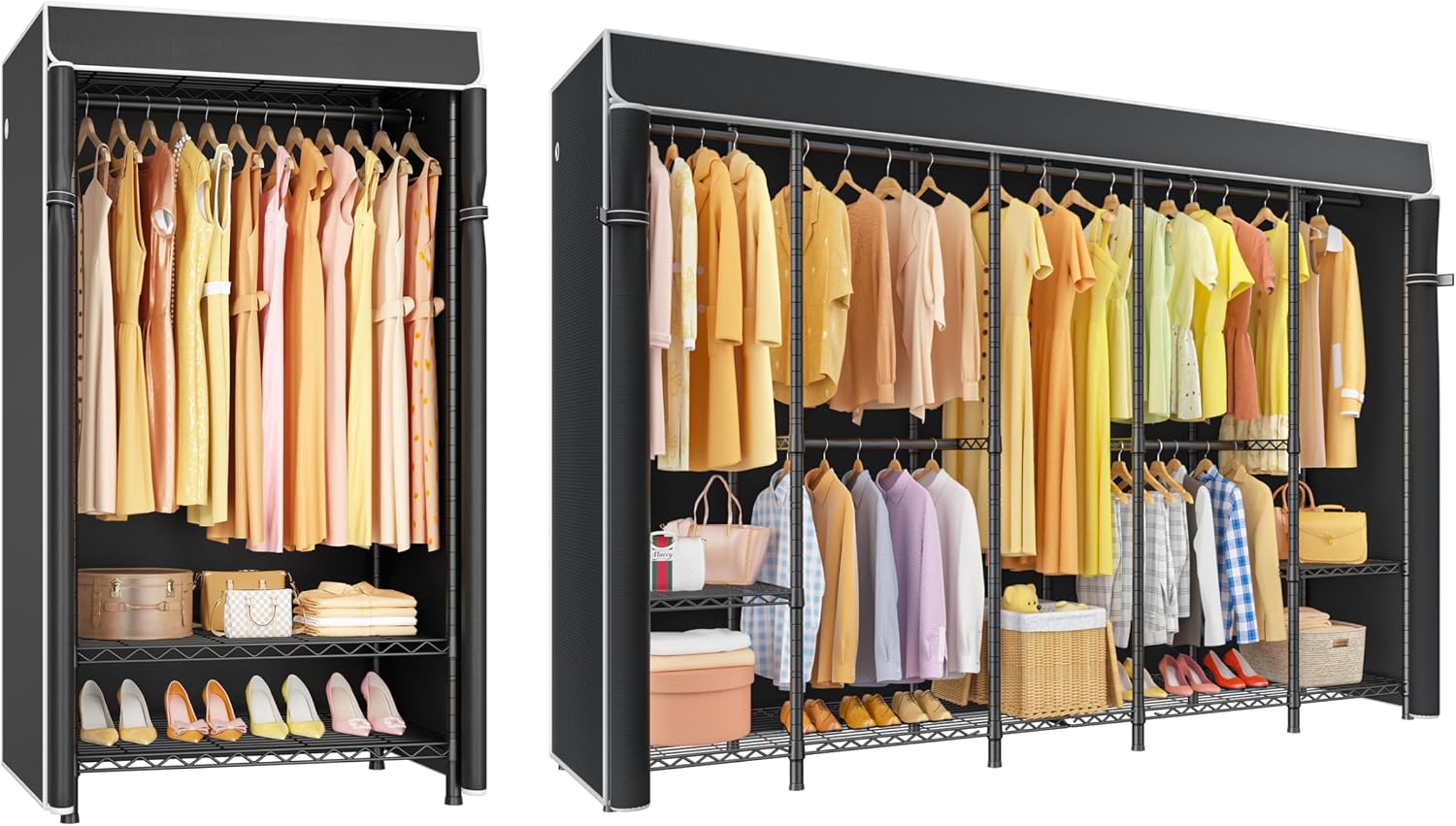 LIFHOME H5C & H50C Clothes Rack with Cover, Portable Closet for Hanging Clothes, Covered Clothing Racks Heavy Duty, Freestanding Garment Racks with Shelves, Black Closet Rack with Black Cover
