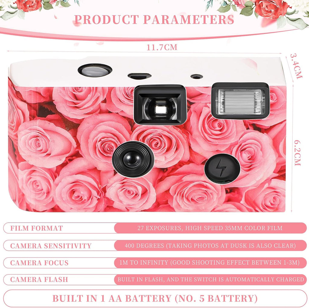 12 Pack Disposable Cameras Bulk for Wedding 35 mm Single Use Film Cameras with Flash for Wedding Reception Guests, Baby Shower, Bridal Shower, Anniversary(Pink Rose)