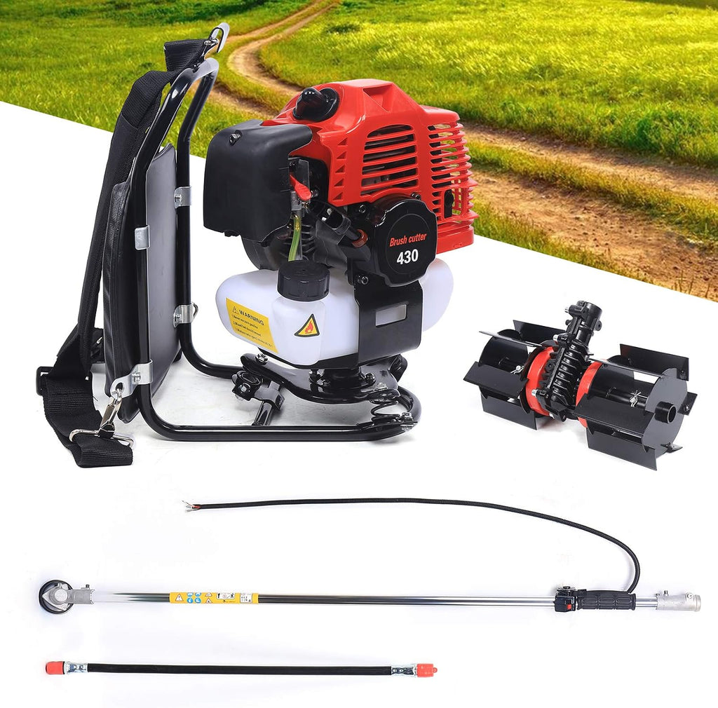 Backpack Brush Cutter 43CC 2-Stroke Tiller Cultivator Gas Powered Grass Trimmer Air-Cooled Single Cylinder Digging Tool Hedge Trimmer for Remove Weeds Soil Cultivation, TBG430