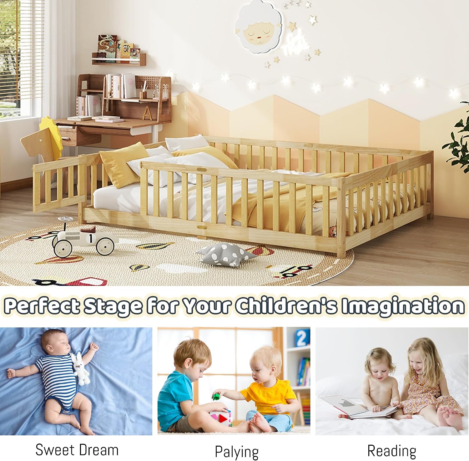 Full Floor Bed with Safety Guardrails for Kids, Rubber Wood Montessori Bed with Slats and Convertible Door,Full Size Bed Frame for Girls and Boys,No Box Spring Needed,Natural