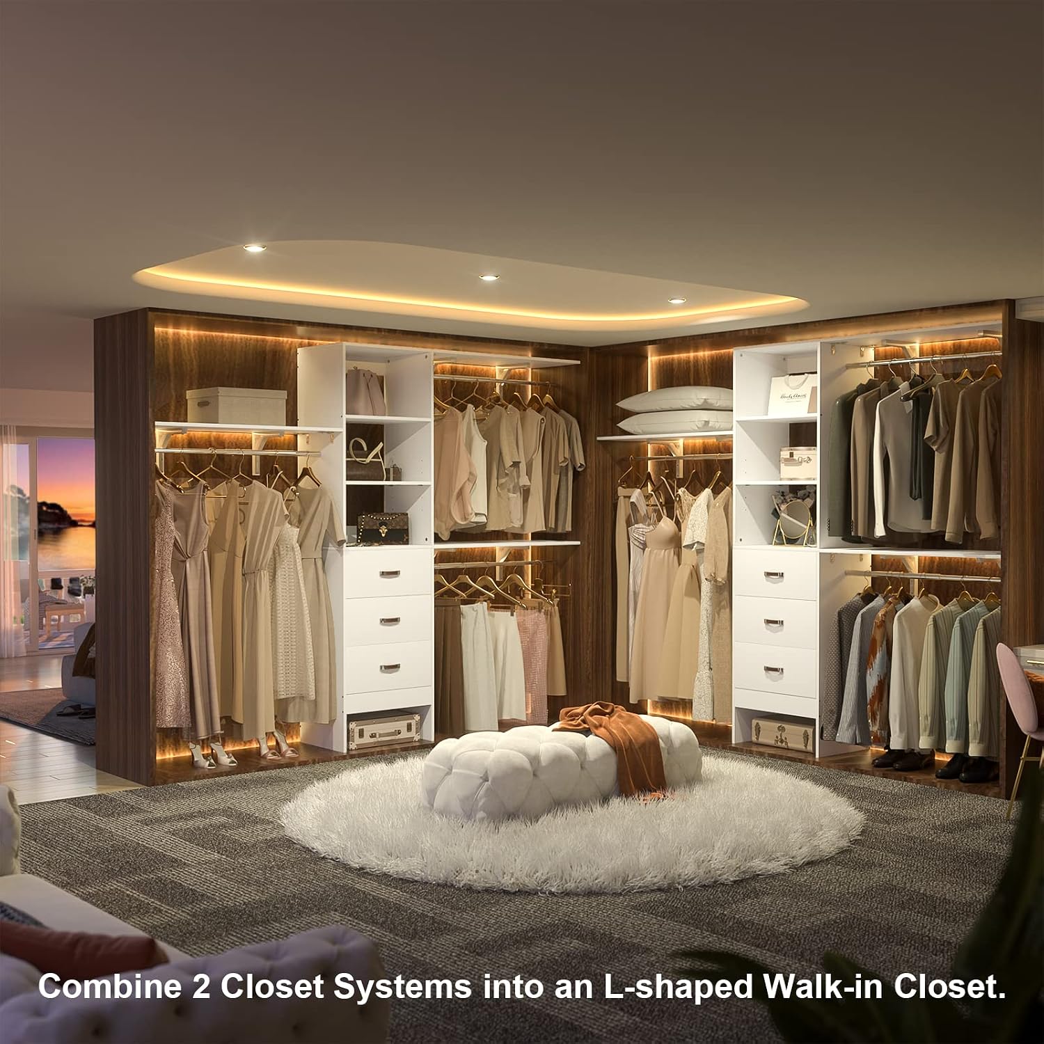 iSunirm 8FT Closet System, 96'' Closet Organizer System with 3 Hanging Rods, Wall Mount Bedroom Wardrobe with 3 Drawers Walk-in Closet, Adjustable Cloth Garment Rack from 5 to 8FT (Cut to Fit), White