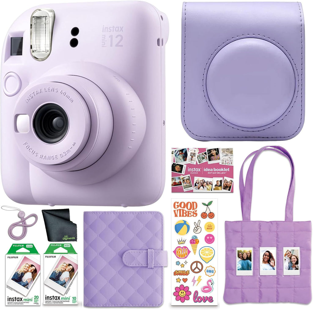 FUJIFILM Instax Mini 12 Instant Film Camera 2025 Holiday Bundle (Purple) + Compatible Carrying Case + Fuji Film Value Pack (20 Sheets) + Microfiber Cleaning Cloth