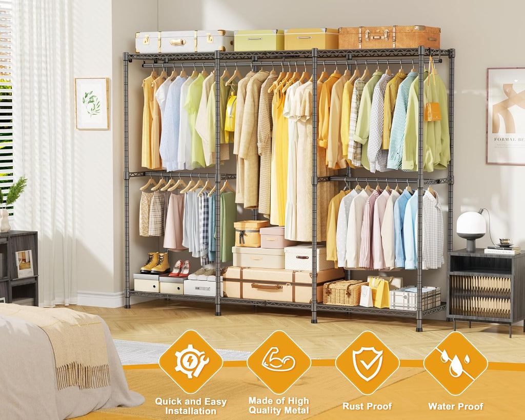 ULIFHOME E14 Pro Heavy Duty Clothes Rack，Freestanding Clothing Racks for Hanging Clothes，Adjustable Closet Organizers and Storage，Metal Garment Rack with Shelves 69'W x16'D x77'H，Max Load 960LBS，Grey