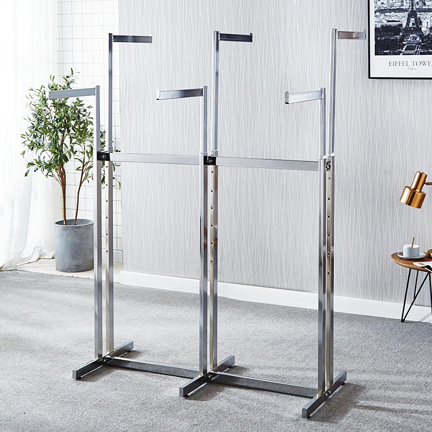 Heavy-Duty Metal Garment Rack 6 Way Clothing Rack Adjustable Height Floor Standing Shirt Racks, Square Tubing Portable Display Rack for Hanging Clothes,Silver