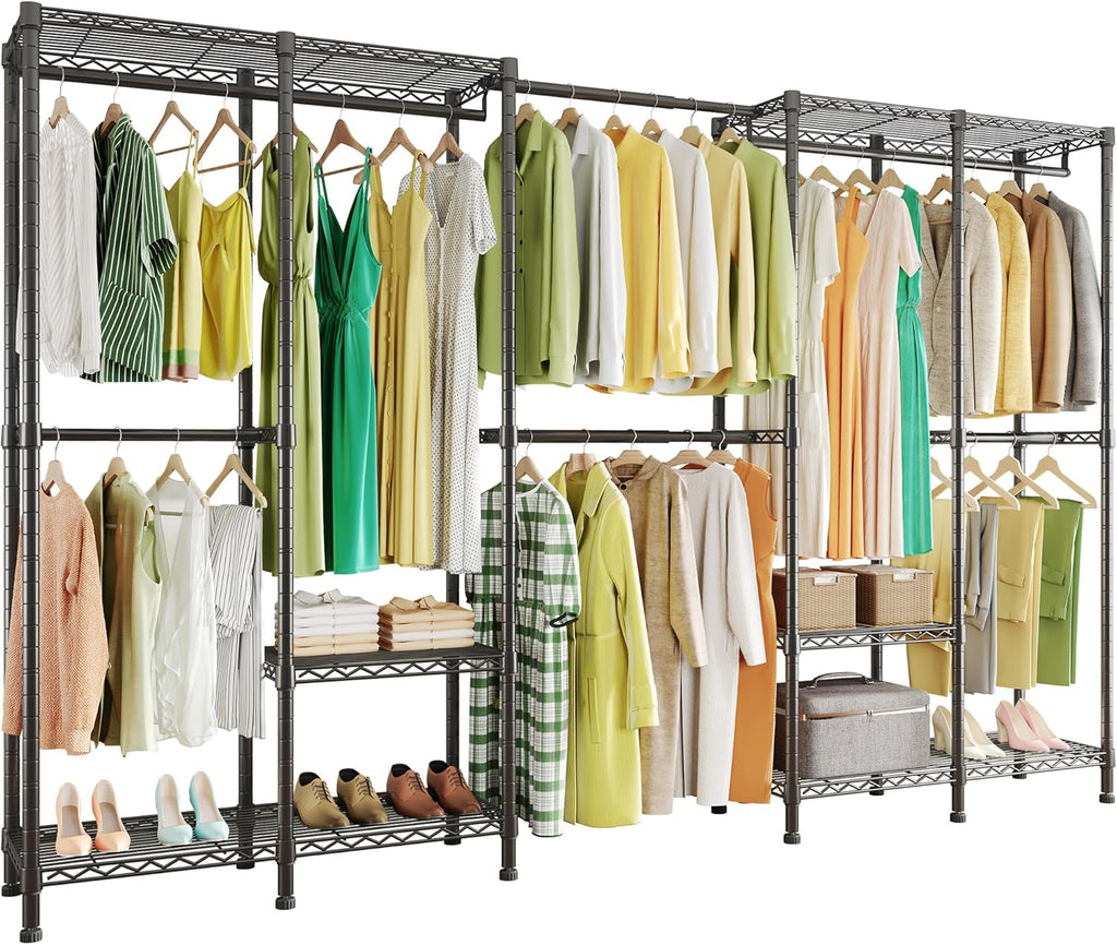 Higeego H5 Pro Heavy Duty Garment Rack, Freestanding Clothes Rack, Wardrobe Closet for Hanging Clothes, Portable Closet Organizer with Expandable Hanger Rods, (97.7-115.4')L x 15.7'W x 75.4'H, Black