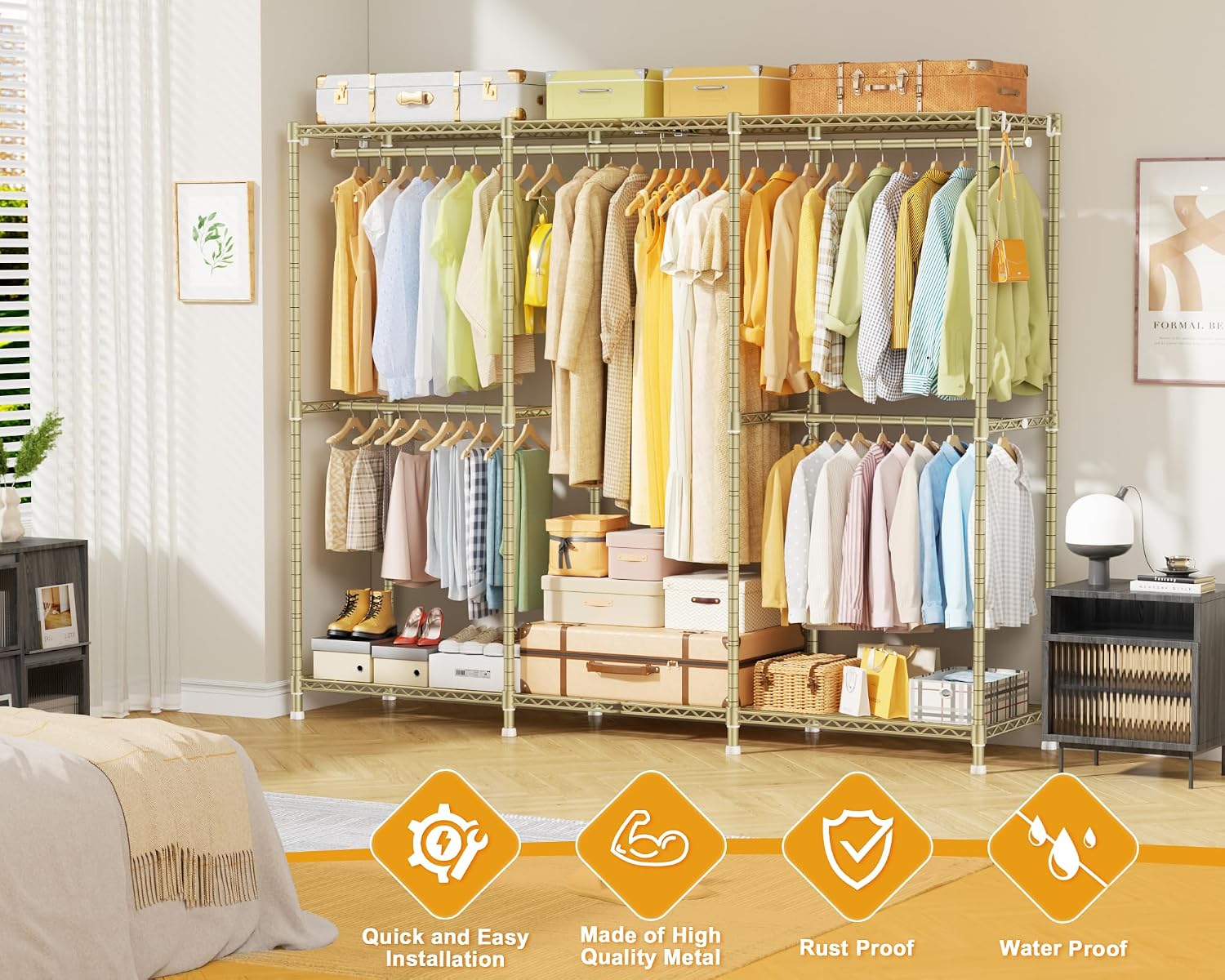 ULIFHOME E14 Pro Heavy Duty Clothes Rack，Freestanding Clothing Racks for Hanging Clothes，Adjustable Closet Organizers and Storage，Metal Garment Rack with Shelves 69'W x16'D x77'H，Max Load 960LBS，Gold