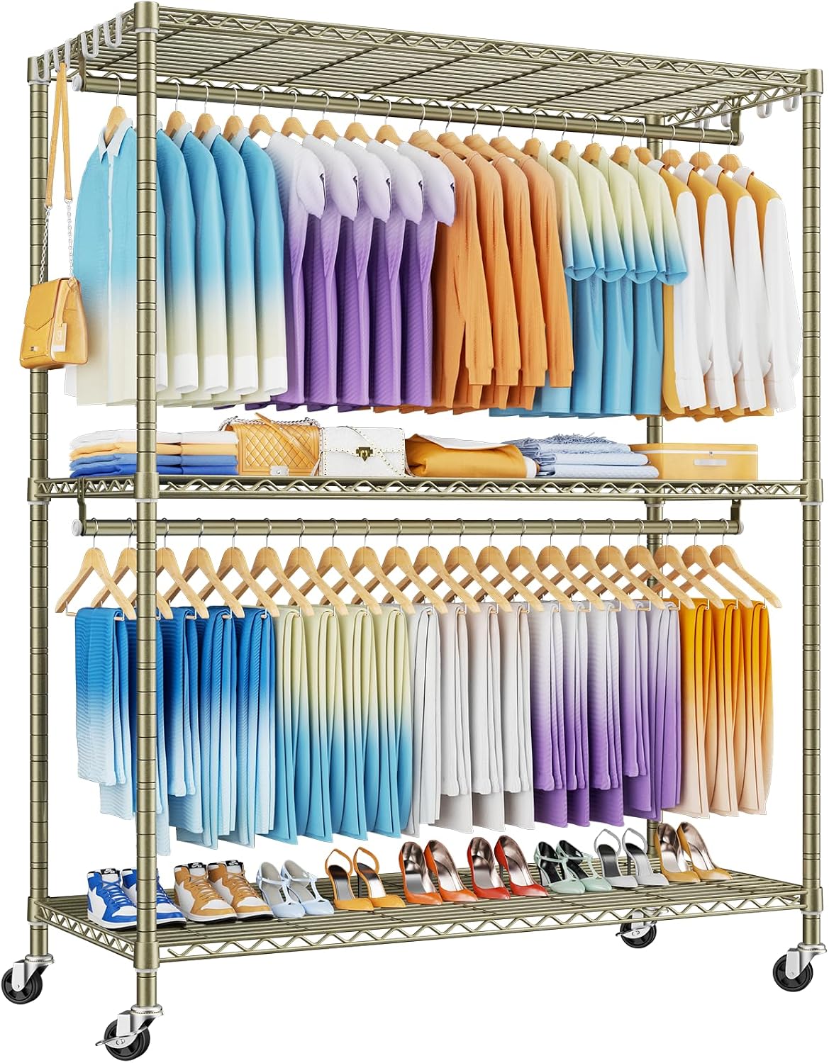 ULIFHOME P8 Max Heavy Duty Clothes Rack（With Extended Width Design） Rolling Clothing Racks for Hanging Clothes，Portable Garment Rack with Lockable Wheels，51.2' W x 15.8' D x 80.5' H，Load 700LBS，Gold