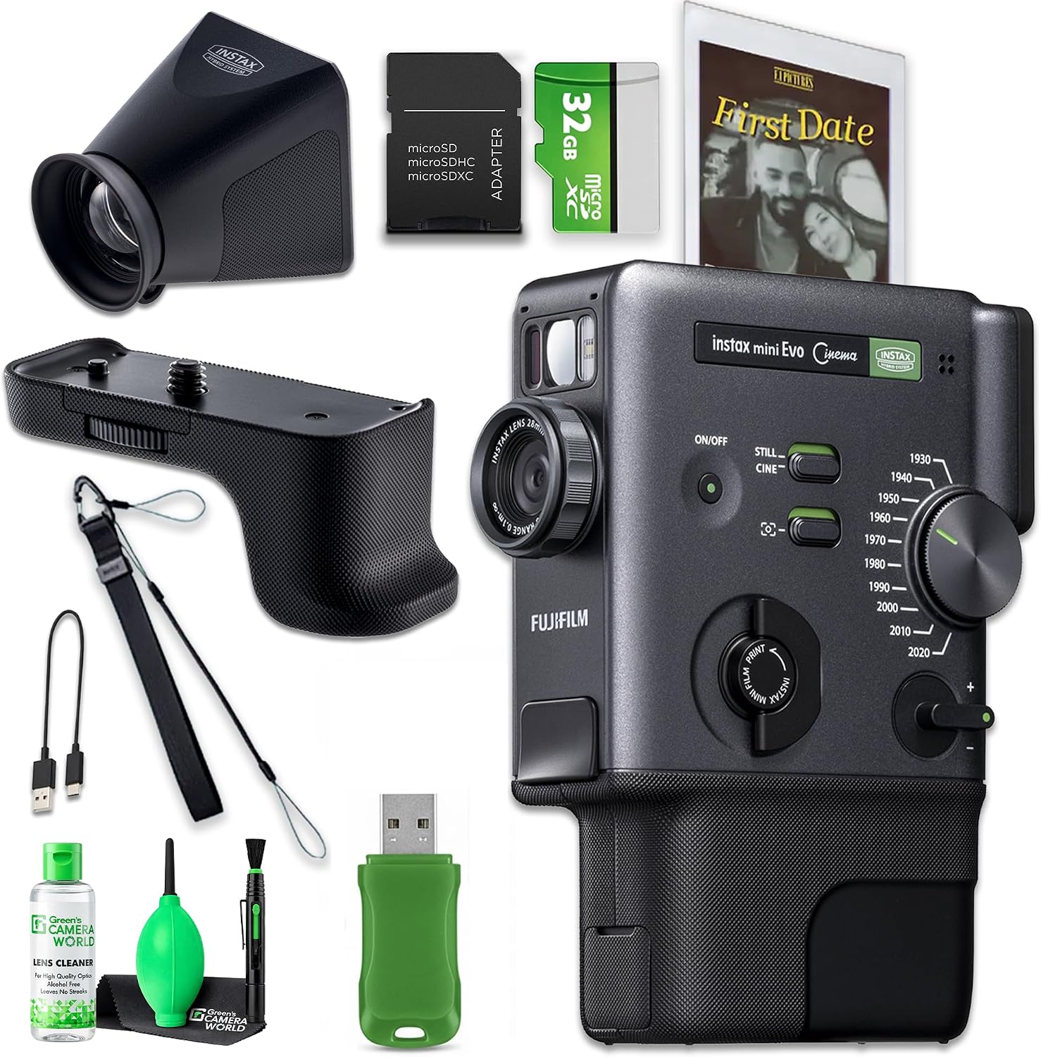 FUJIFILM instax mini Evo Cinema Hybrid Instant Camera Viewfinder, Grip, Hand Strap Bundle with Album, Tripod, 32GB Card, USB Reader and Cleaning Kit