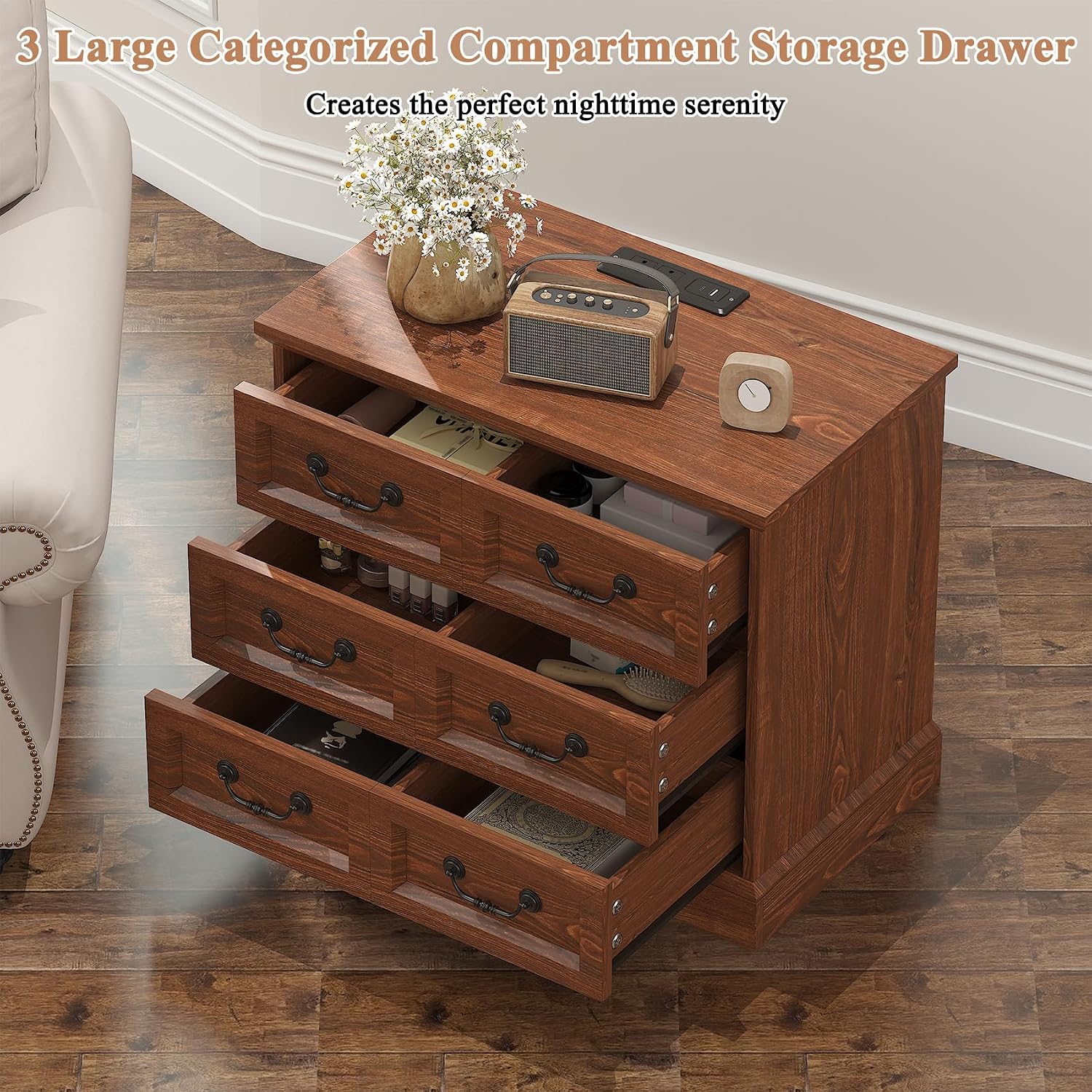 VVFLU Farmhouse Night Stand with Charging Station, 27.6' Wider Cherry Wood Nightstand with 3 Drawers Dividers Storage, Larger Bedside Table, Side Table End Table for Bedroom, Living Room, Sofa