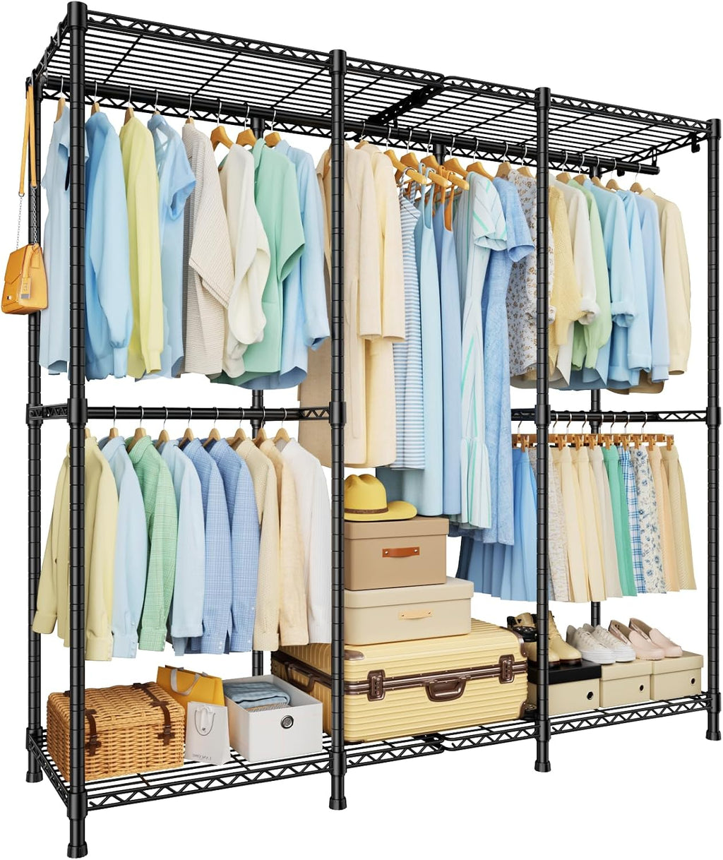 ULIFHOME E14 Heavy Duty Clothes Rack，Freestanding Clothing Racks for Hanging Clothes，Adjustable Closet Organizers and Storage，Metal Garment Rack with Shelves 58' W x16 D x77 H，Load 860LBS，Black