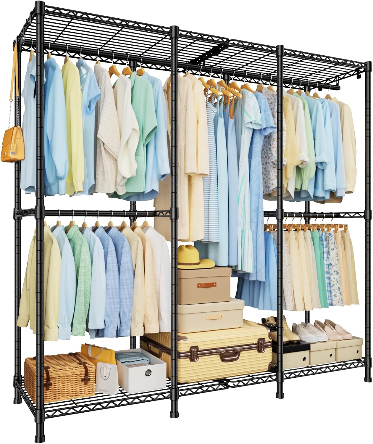 ULIFHOME E14 Heavy Duty Clothes Rack，Freestanding Clothing Racks for Hanging Clothes，Adjustable Closet Organizers and Storage，Metal Garment Rack with Shelves 58' W x16 D x77 H，Load 860LBS，Black