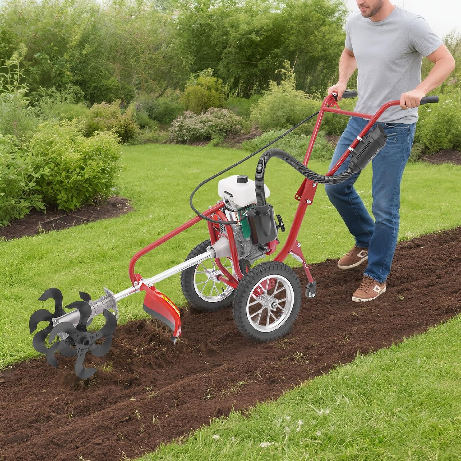Mini Garden Tiller Cultivator, 4 Stroke 4HP 63CC Gas Powered Garden Cultivator, 3 in 1 Heavy Duty Walk Behind Tillers with Widened Mud Flap for Mowing, Tilling and Trenching