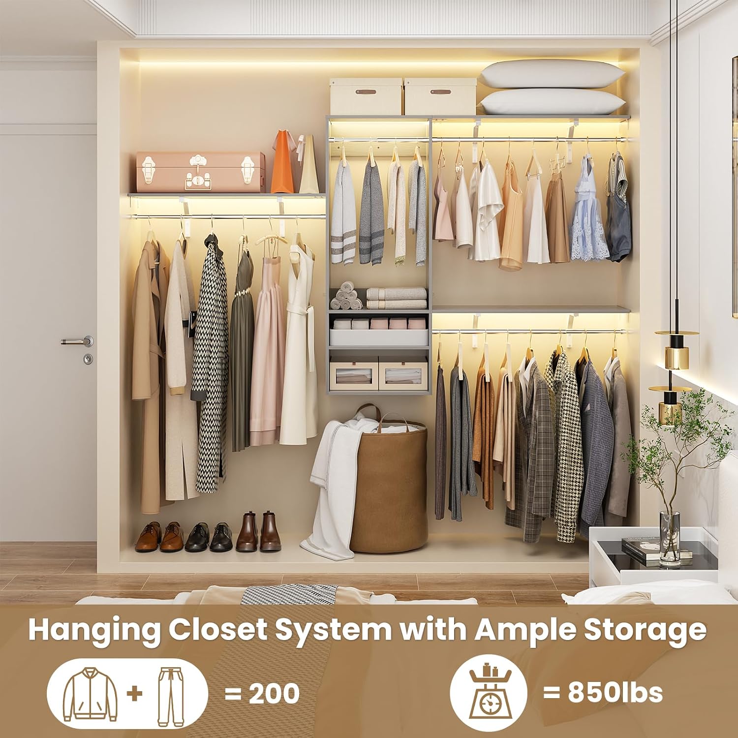 8FT Hanging Closet System, 96 Inch Closet Organizer System with Hanging Rod, Walk In Mounted Closet System, Built-In Clothes Garment Rack with 3 Shelving Towers(Can Be Cut To Fit), Grey
