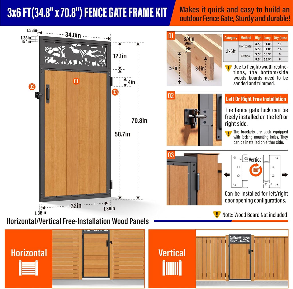3x6FT (34.8' W X 70.8' H) 201 Stainless Steel Anti Sag Wooden Fence Gate Kit Heavy Duty Garden Gate Frame Hardware Kit Reinforcement (Left/Right Free-Installation)