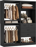 Unikito 50' Closet System with 4 Drawers, 4.2FT Wood Closet Organizer with Hanging Rods and Mirror, Reversible Small Walk in Closet Wardrobe, Adjustable Sturdy Clothes Garment Rack, Set of 2, Black