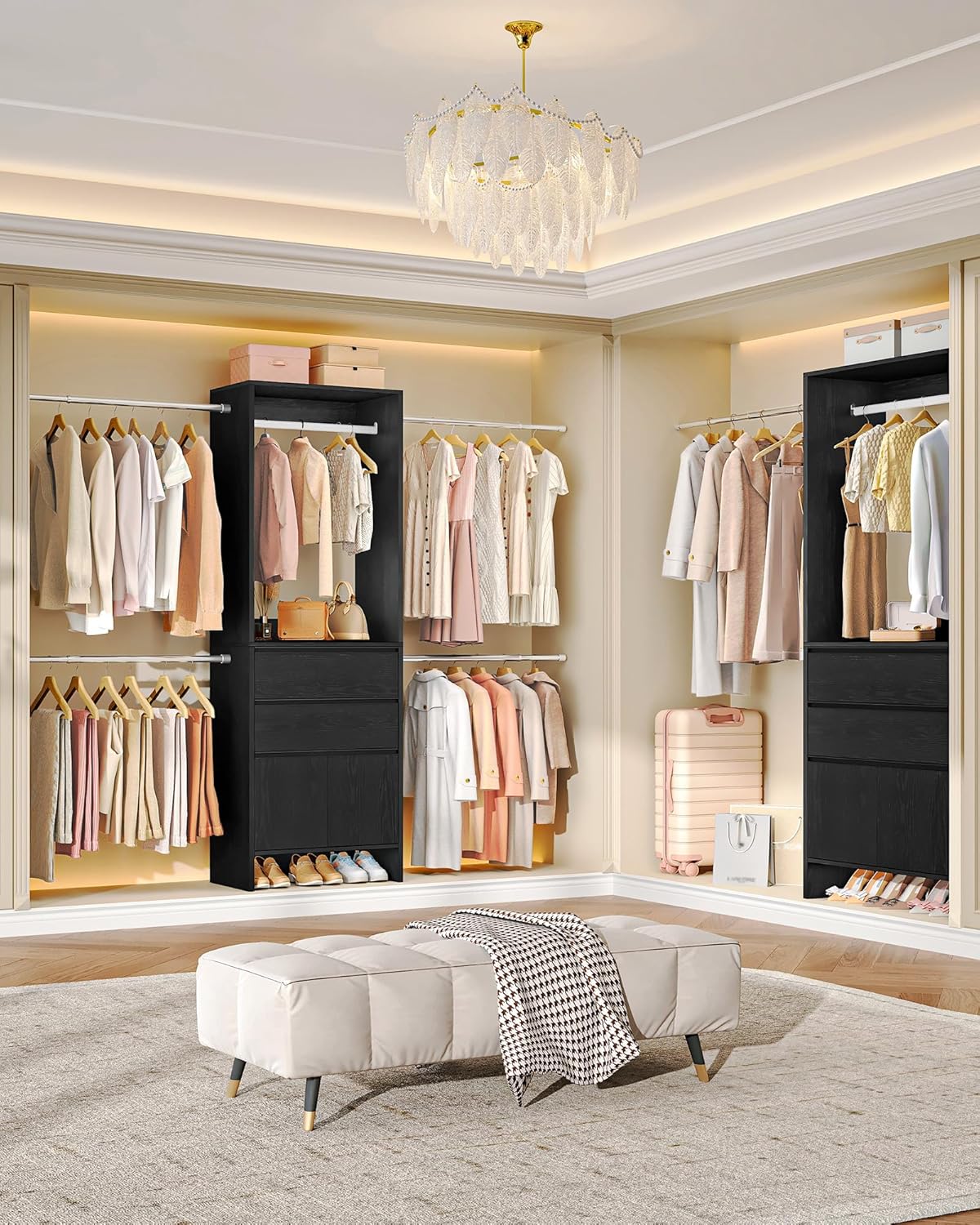 Hzuaneri Closet System with 2 Drawers, Walk-in Closet Organizer System Wooden Storage Systems with 4 Hang Rods & Shoe Cabinet, Wardrobe Clothes Rack Garment Rack Fits Spaces 6-10 ft, Black MC00104B